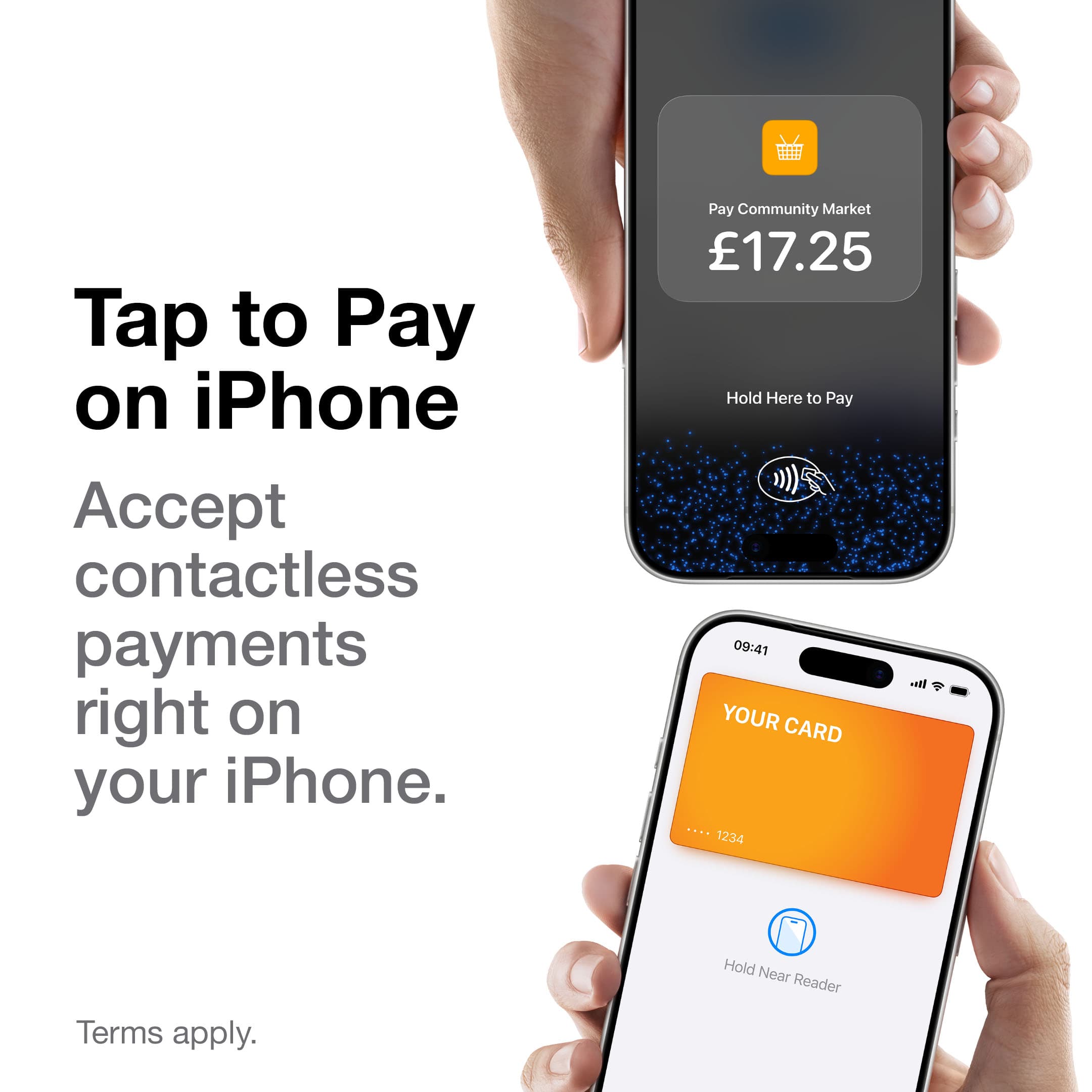 Two iPhones facing each other, one showing Hold Here to Pay and the other showing a card ready to pay with Apple Pay