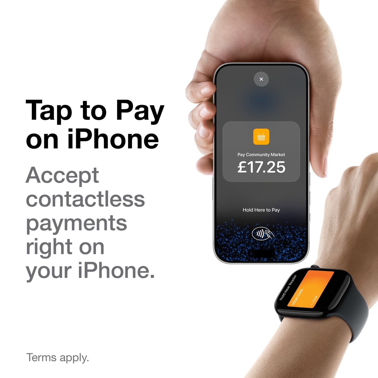 A market trader taking a Tap to Pay payment on iPhone from a customer paying with Apple Watch, no card reader in sight