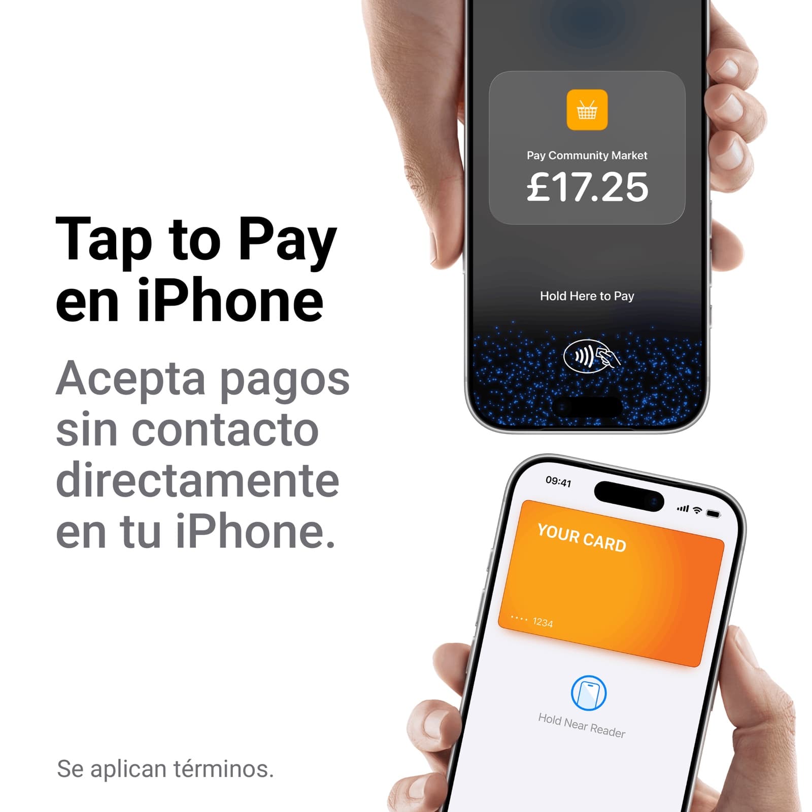 Dos iPhone uno frente al otro, uno mostrando Hold Here to Pay y el otro con una tarjeta lista para pagar con Apple Pay