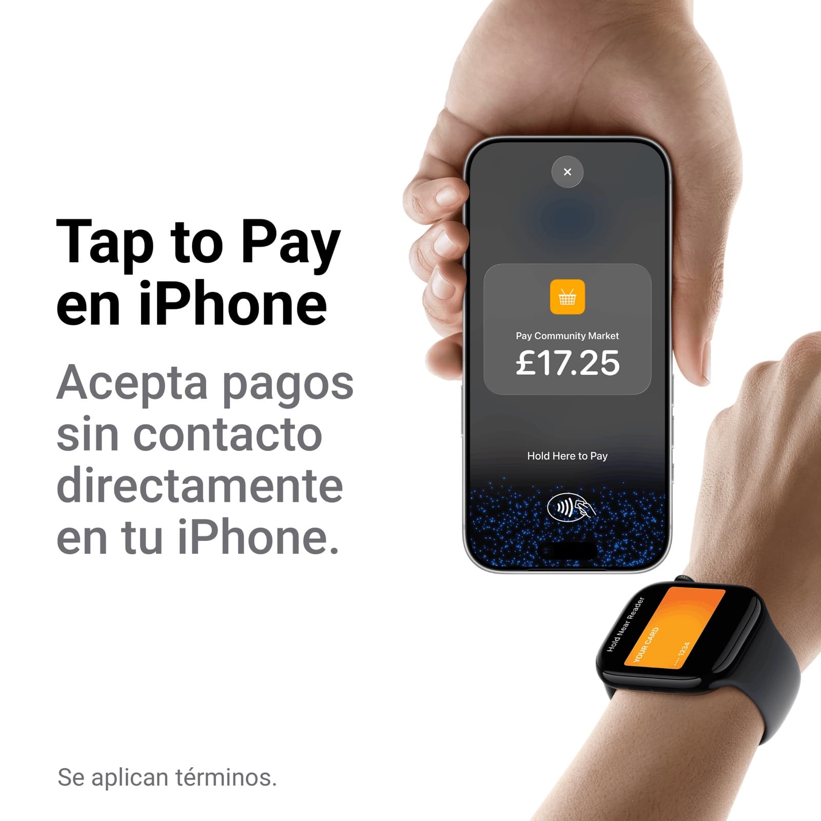 Un vendedor de mercado cobrando un pago Tap to Pay en iPhone a un cliente que paga con Apple Watch, sin ningún lector de tarjetas a la vista