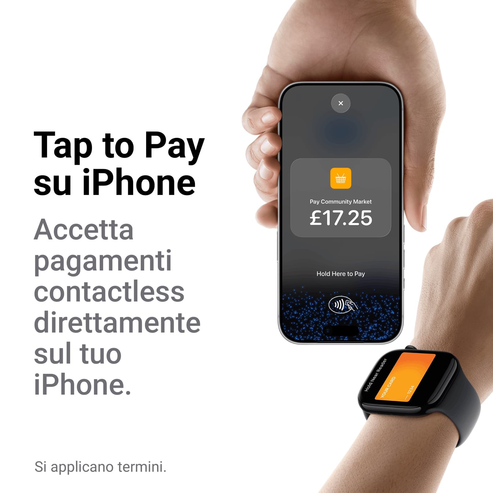 Un venditore al mercato che accetta un pagamento Tap to Pay su iPhone da un cliente che paga con Apple Watch, nessun lettore di carte in vista